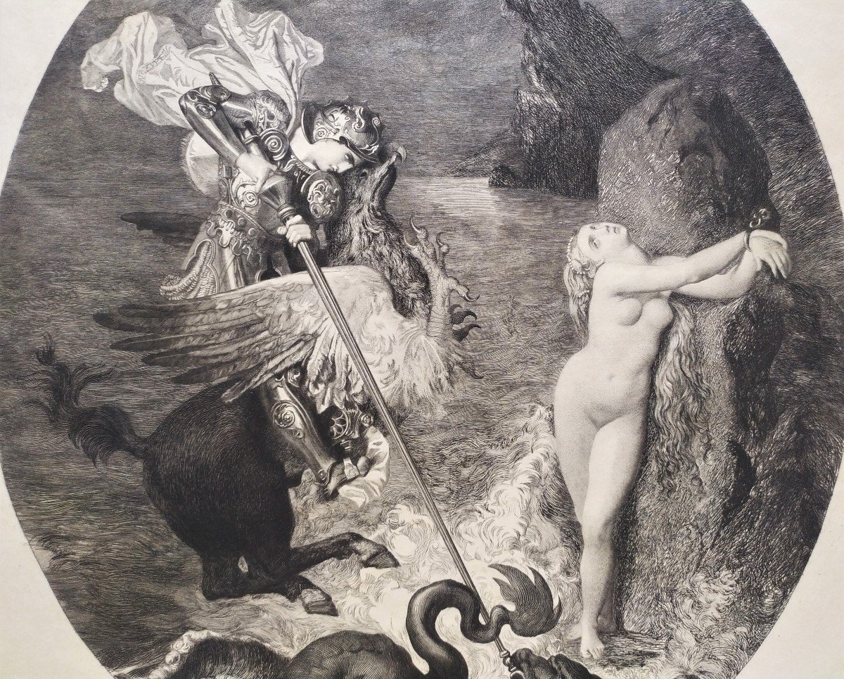 Mythological Etching Roger Delivering Angelique Engraving After Ingres-photo-3