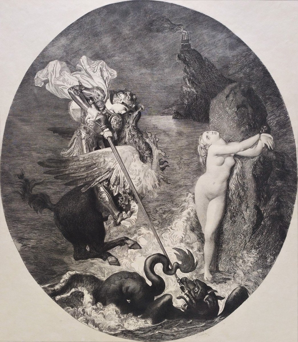 Mythological Etching Roger Delivering Angelique Engraving After Ingres