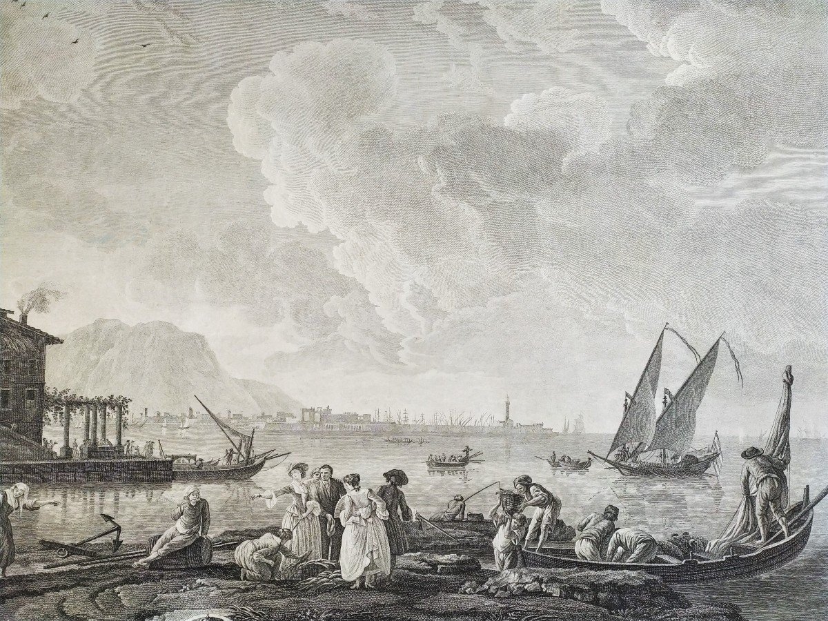 View Of Naples 18th C Engraving Etching Old Print-photo-5