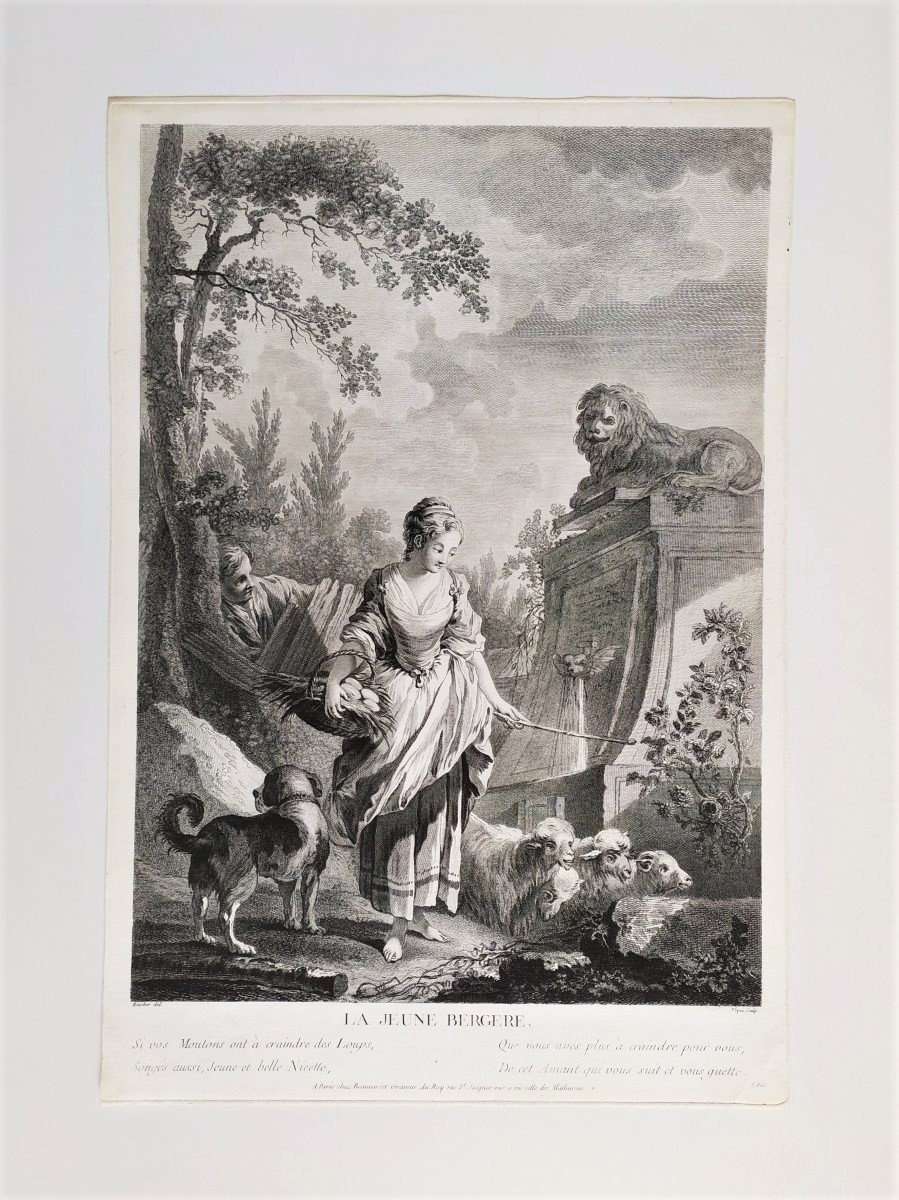 La Jeune Bergère Gravure d'Après François Boucher 18ème-photo-2