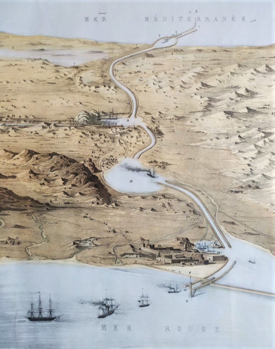 Canal De Suez Grande Lithographie 19ème-photo-1
