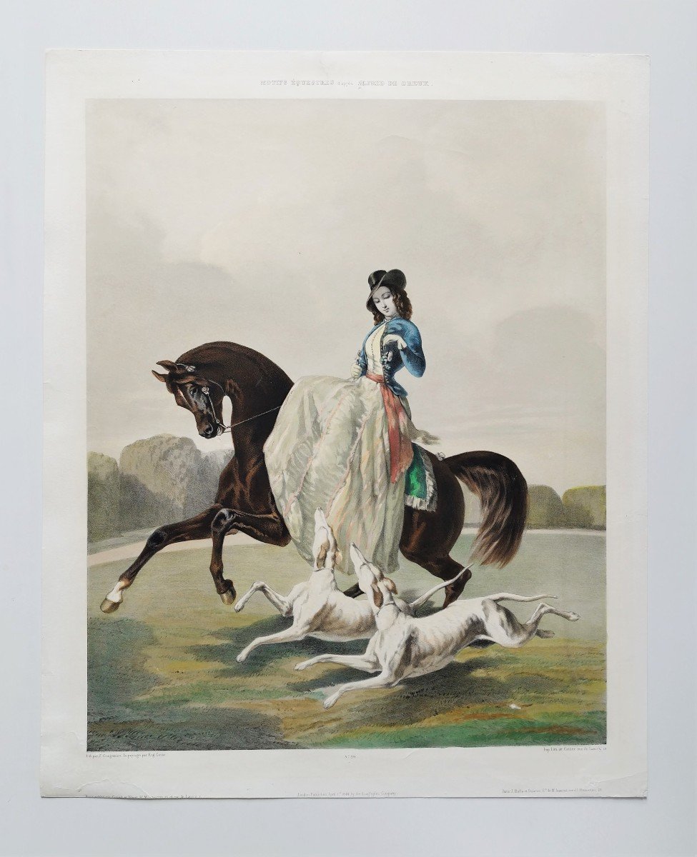 Horse Amazon And Two Greyhounds After Alfred De Dreux  19th C Lithography By Z.gingembre-photo-2