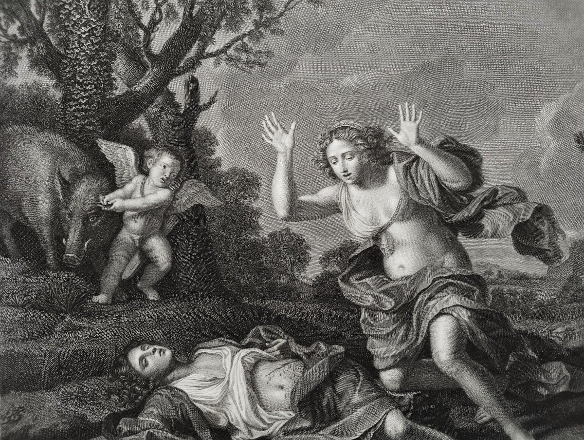 Mythologie Grecque Venus Et Adonis Gravure Par Pietro Bonato Veneto Bassanese d'Après Francesco Barbieri -photo-2