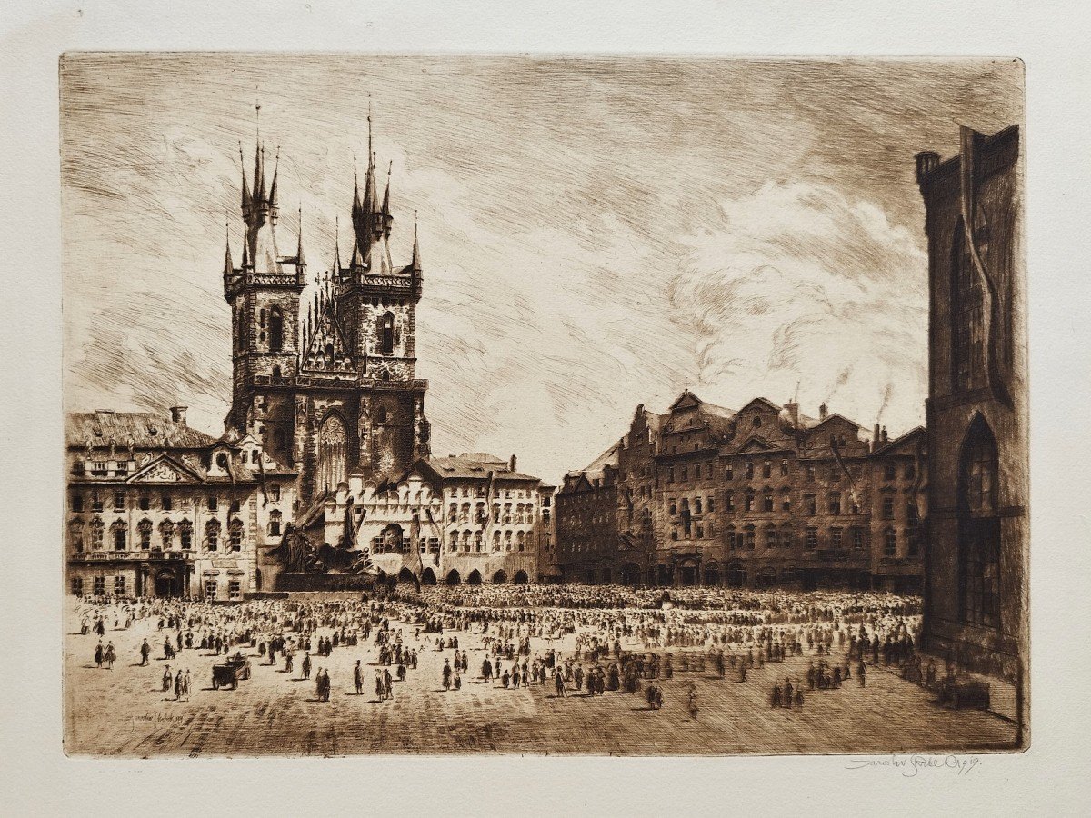 Prague Old Town Square Etching By Jaroslaw Skrbek Dated 1919 Engraving Old Print