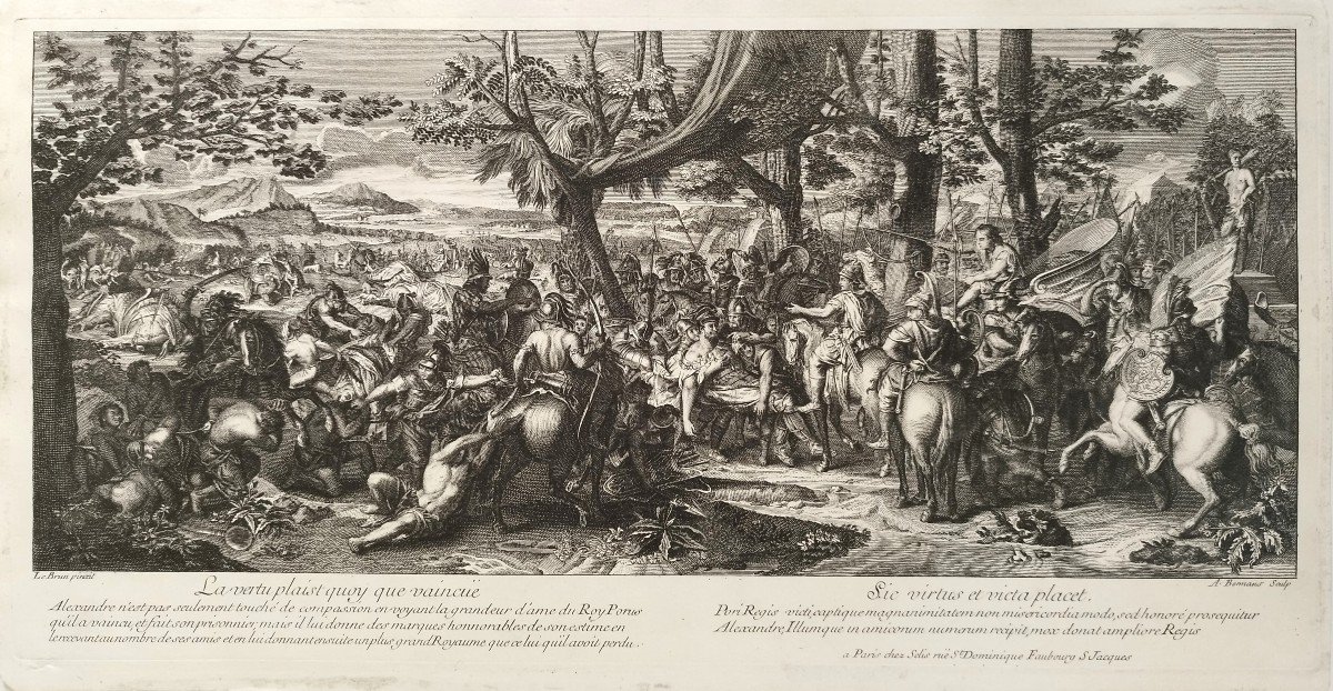 Bataille d'Alexandre Roi Porus Gravure 18ème d'après Charles Le Brun-photo-3