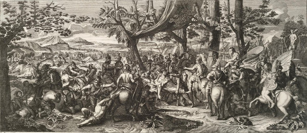 Bataille d'Alexandre Roi Porus Gravure 18ème d'après Charles Le Brun-photo-1