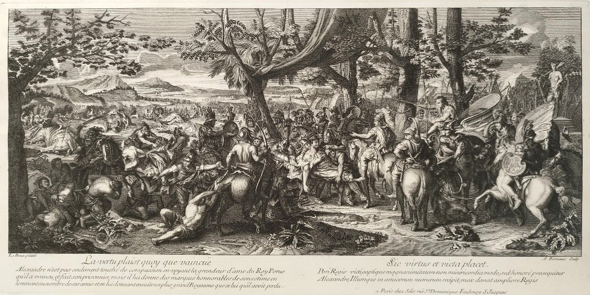Bataille d'Alexandre Roi Porus Gravure 18ème d'après Charles Le Brun
