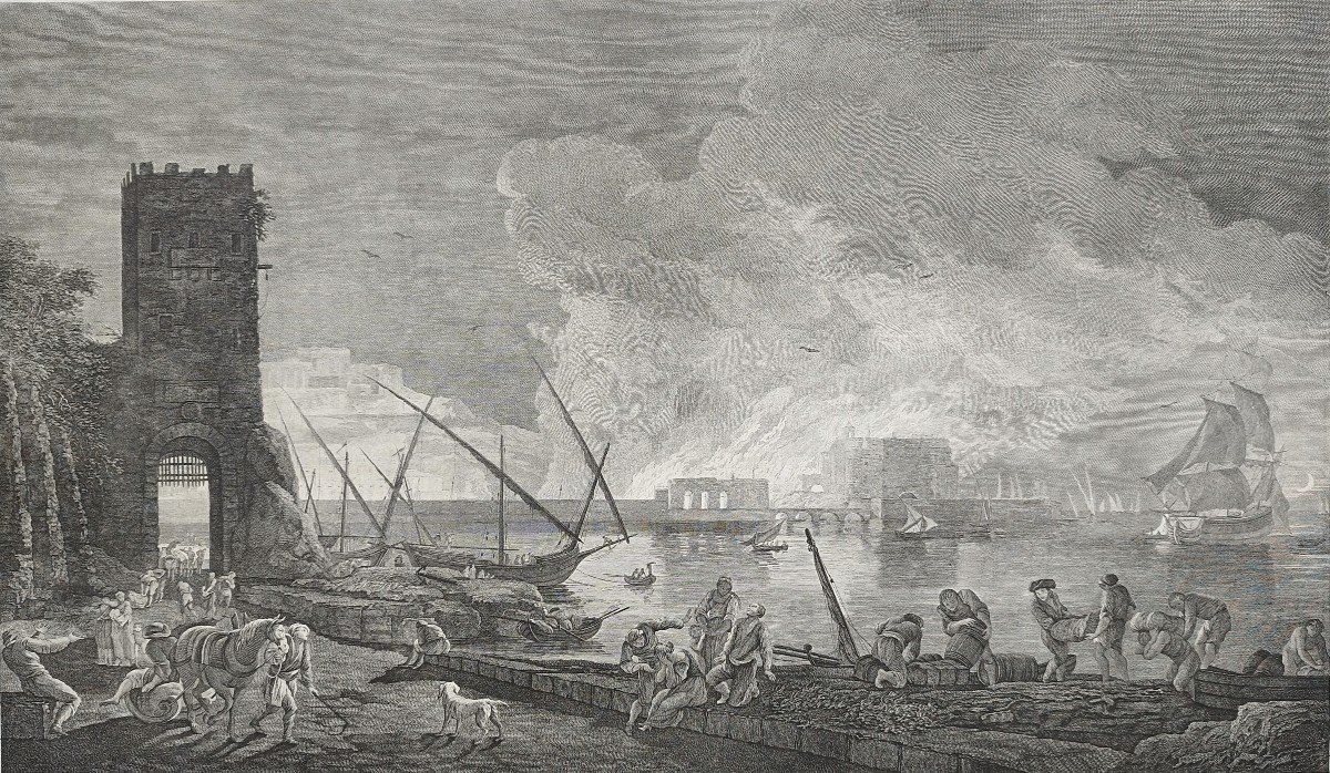Seascape Engraving After Joseph Vernet, Harbour In Fire Etching 18th C Old Print-photo-4