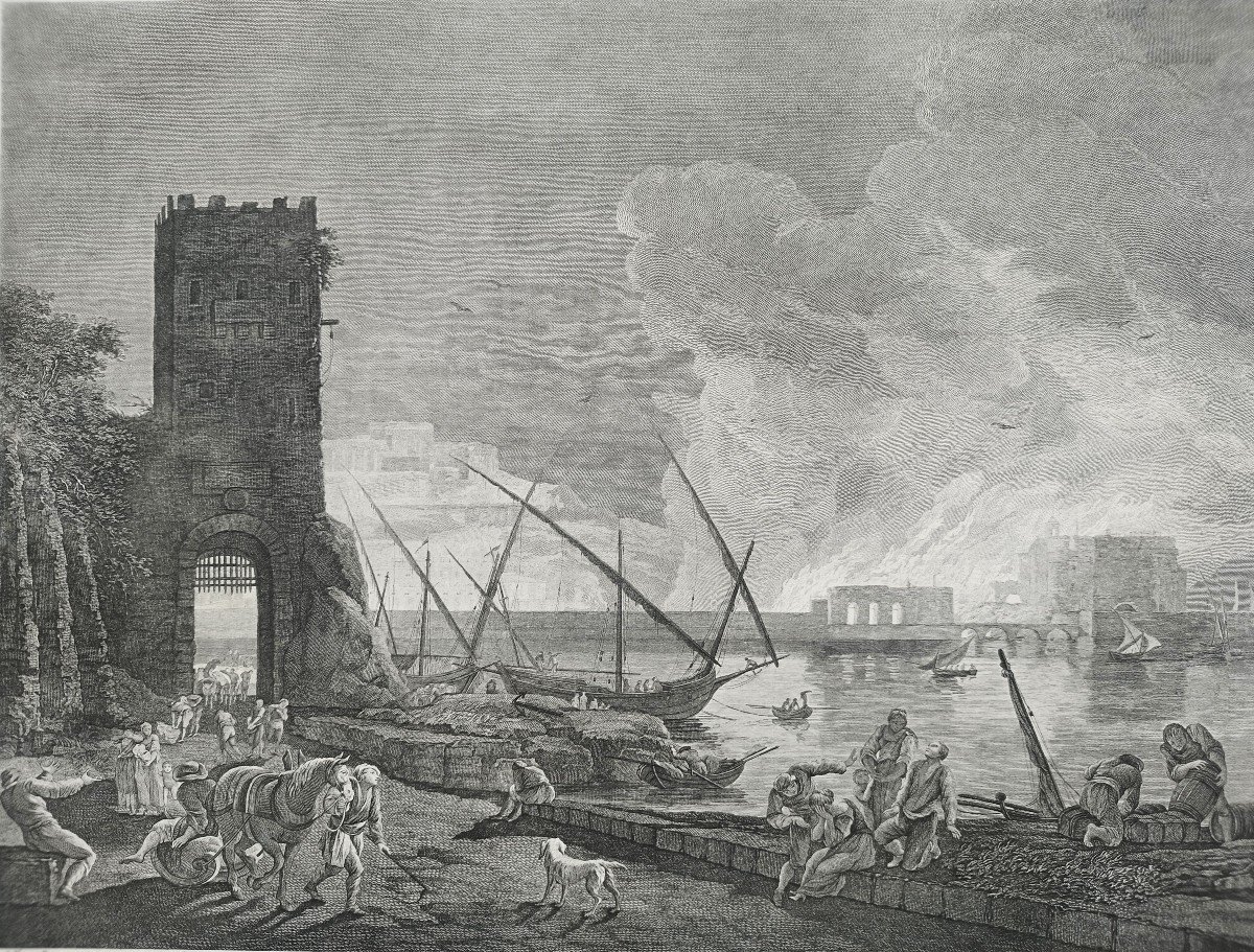 Seascape Engraving After Joseph Vernet, Harbour In Fire Etching 18th C Old Print-photo-1