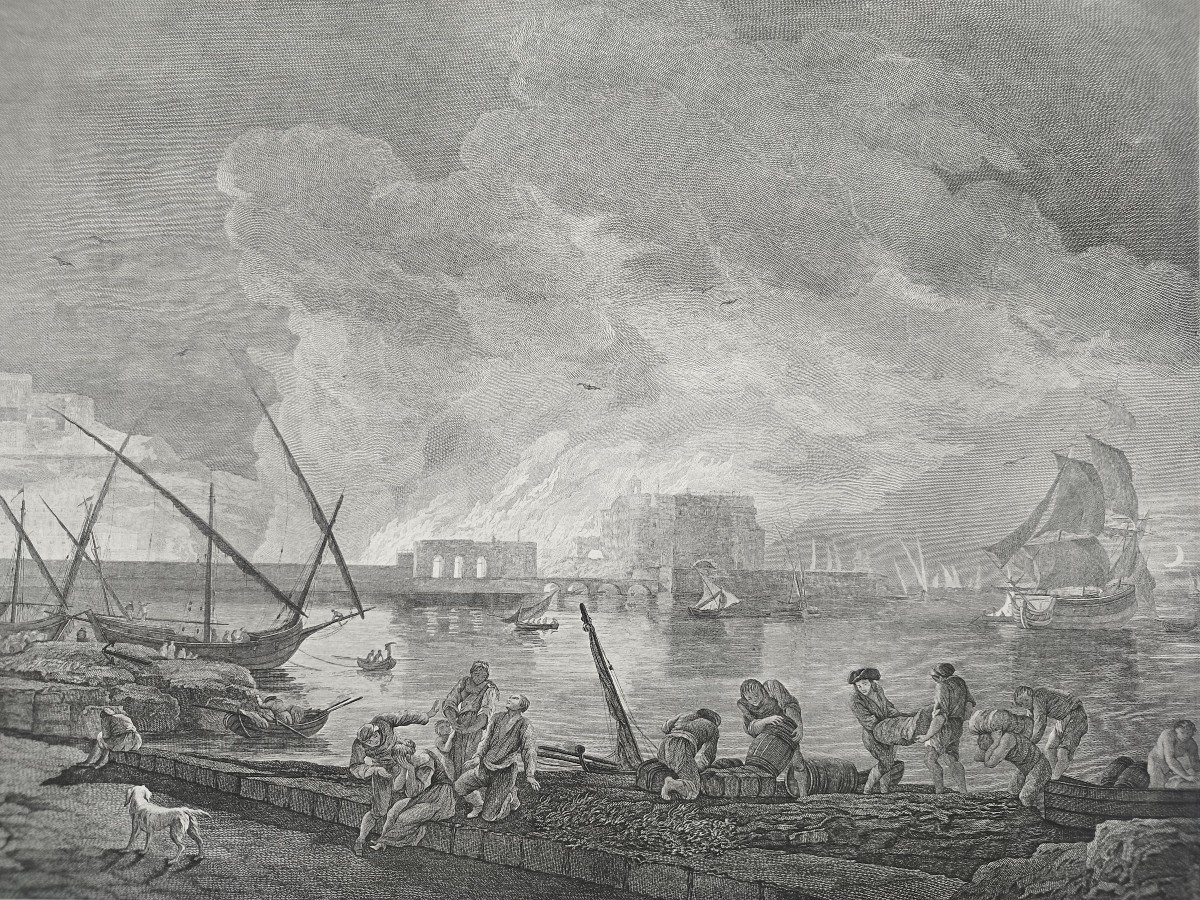 Seascape Engraving After Joseph Vernet, Harbour In Fire Etching 18th C Old Print-photo-2