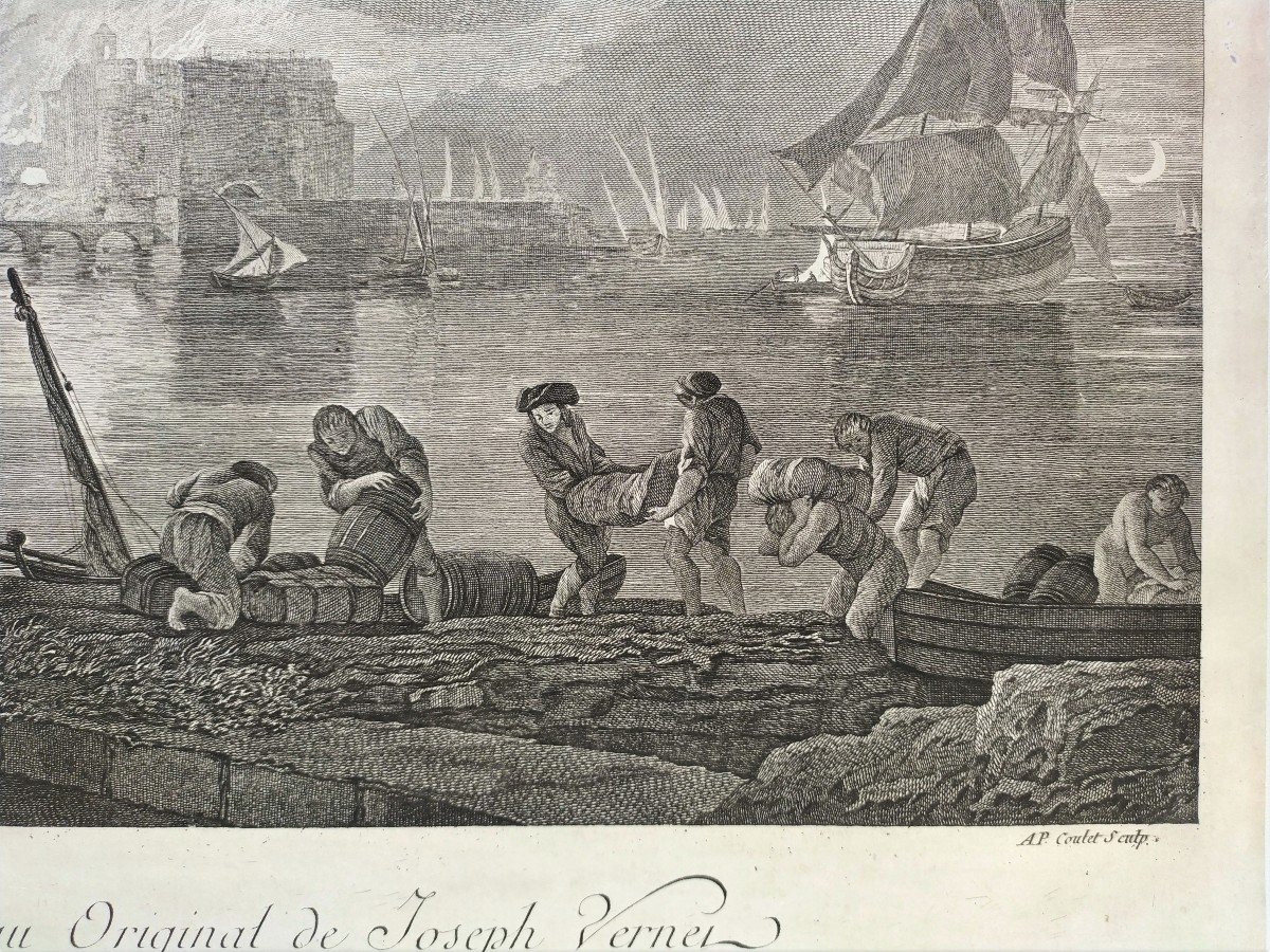 Seascape Engraving After Joseph Vernet, Harbour In Fire Etching 18th C Old Print-photo-4