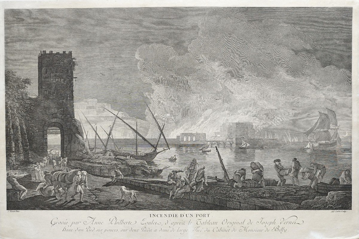 Seascape Engraving After Joseph Vernet, Harbour In Fire Etching 18th C Old Print