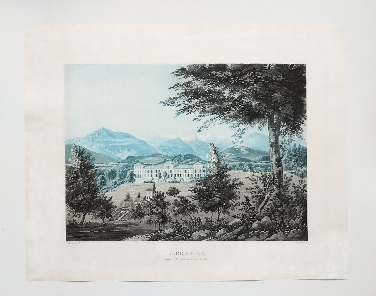 Etching Landscape Albisbrunn Canton  Zürich Switzerland  Mountain  Engraving 19th C Old Print-photo-2