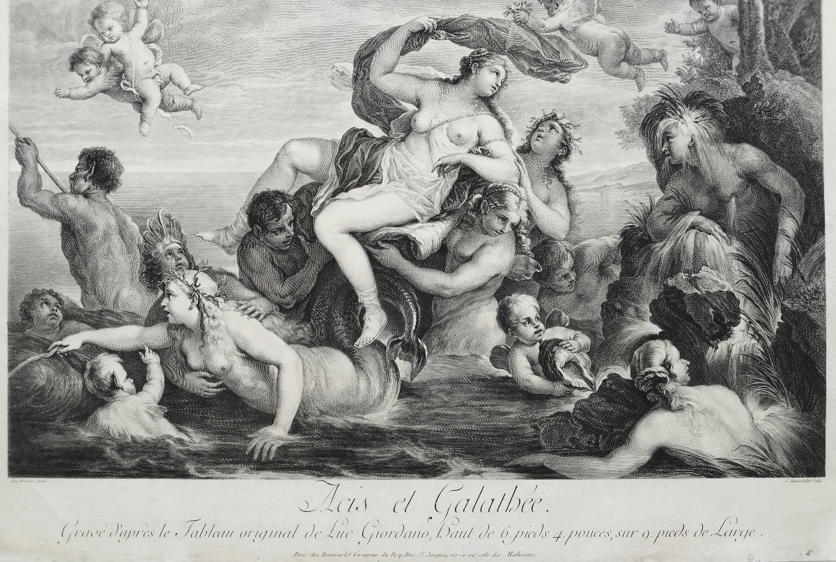 Etching Mythological Engraving Acis And Galathée 18th C Old Print-photo-1