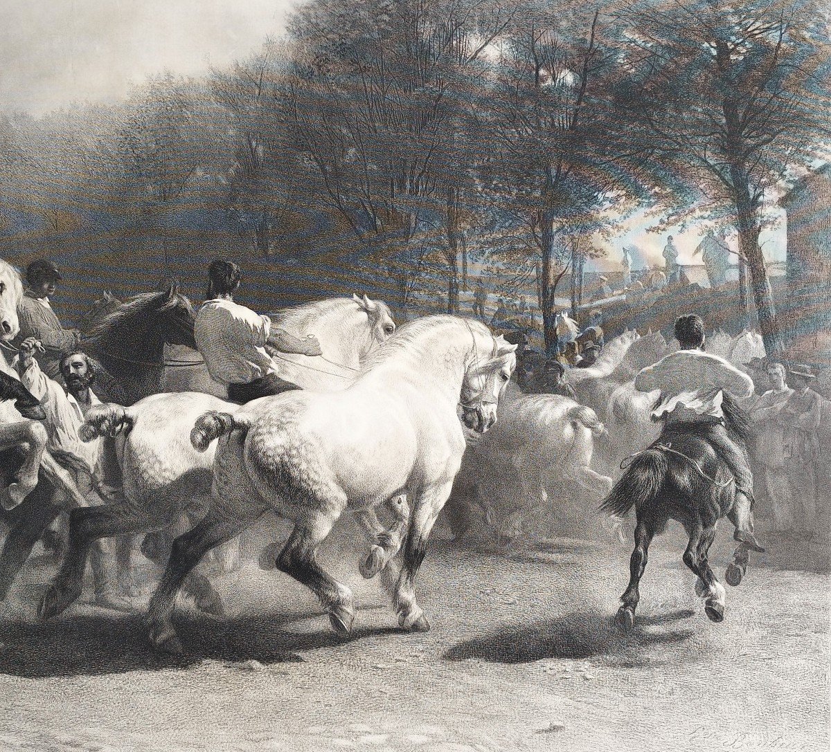  Le Marché Aux Chevaux Grande Gravure d'Après Rosa Bonheur gravé par Thomas Landseer-photo-3