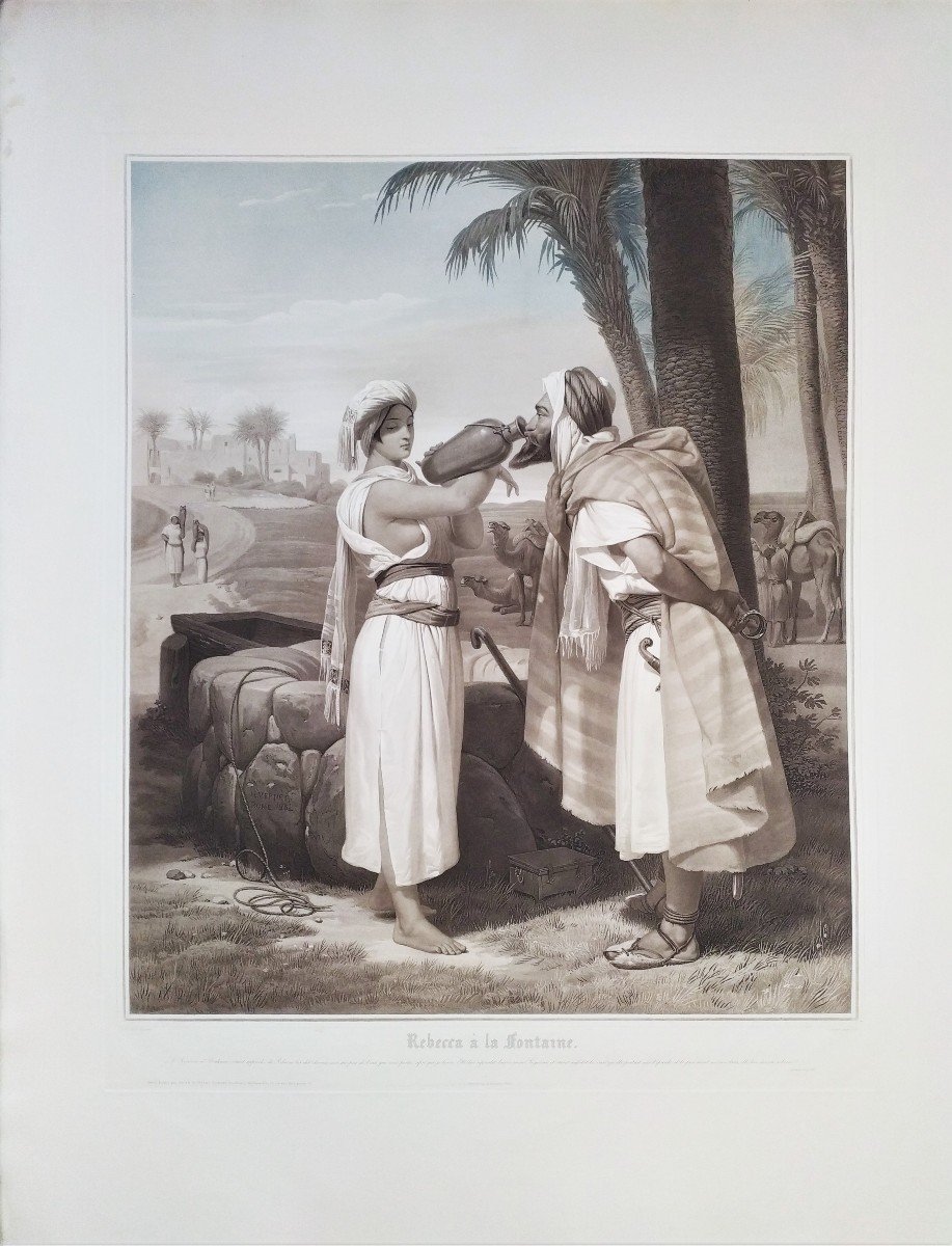 Etching Rebecca At The Fountain Watercolored Orientalist Engraving By Jazet Old Print-photo-2