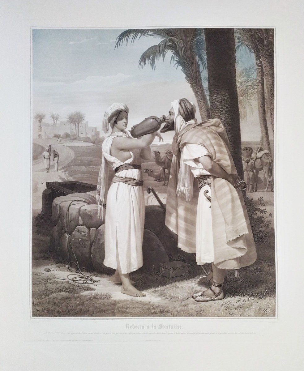 Etching Rebecca At The Fountain Watercolored Orientalist Engraving By Jazet Old Print-photo-3
