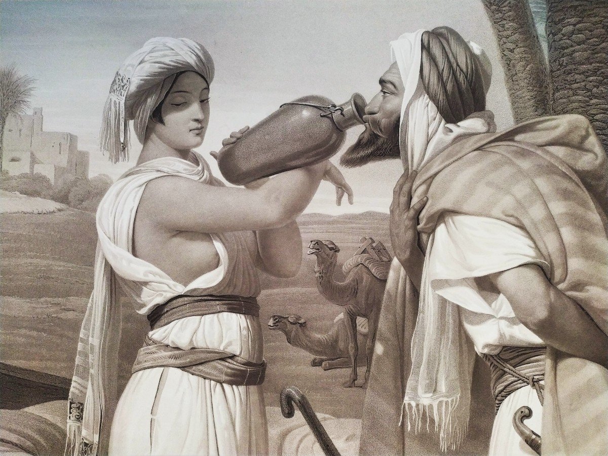 Etching Rebecca At The Fountain Watercolored Orientalist Engraving By Jazet Old Print-photo-5