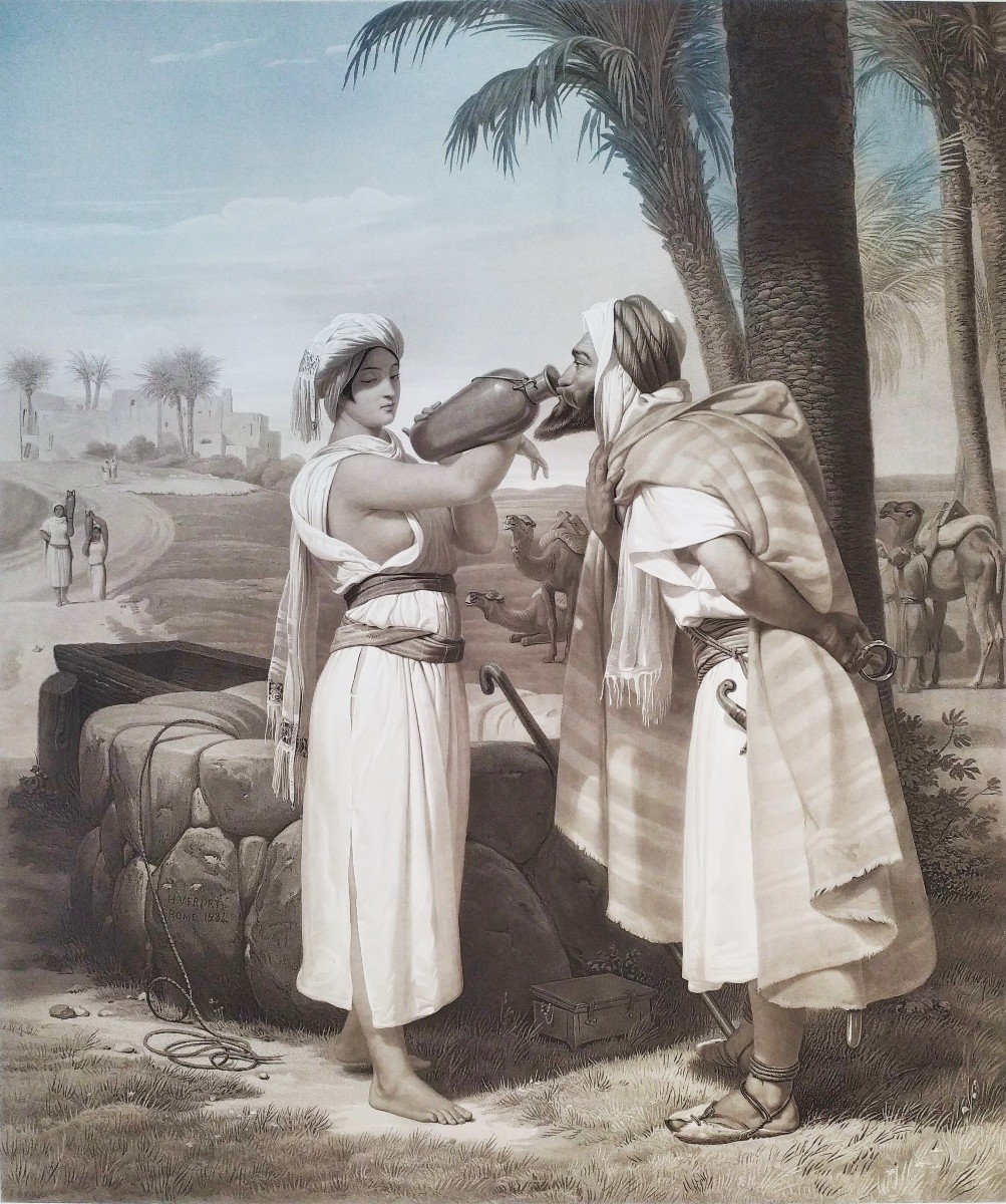 Etching Rebecca At The Fountain Watercolored Orientalist Engraving By Jazet Old Print