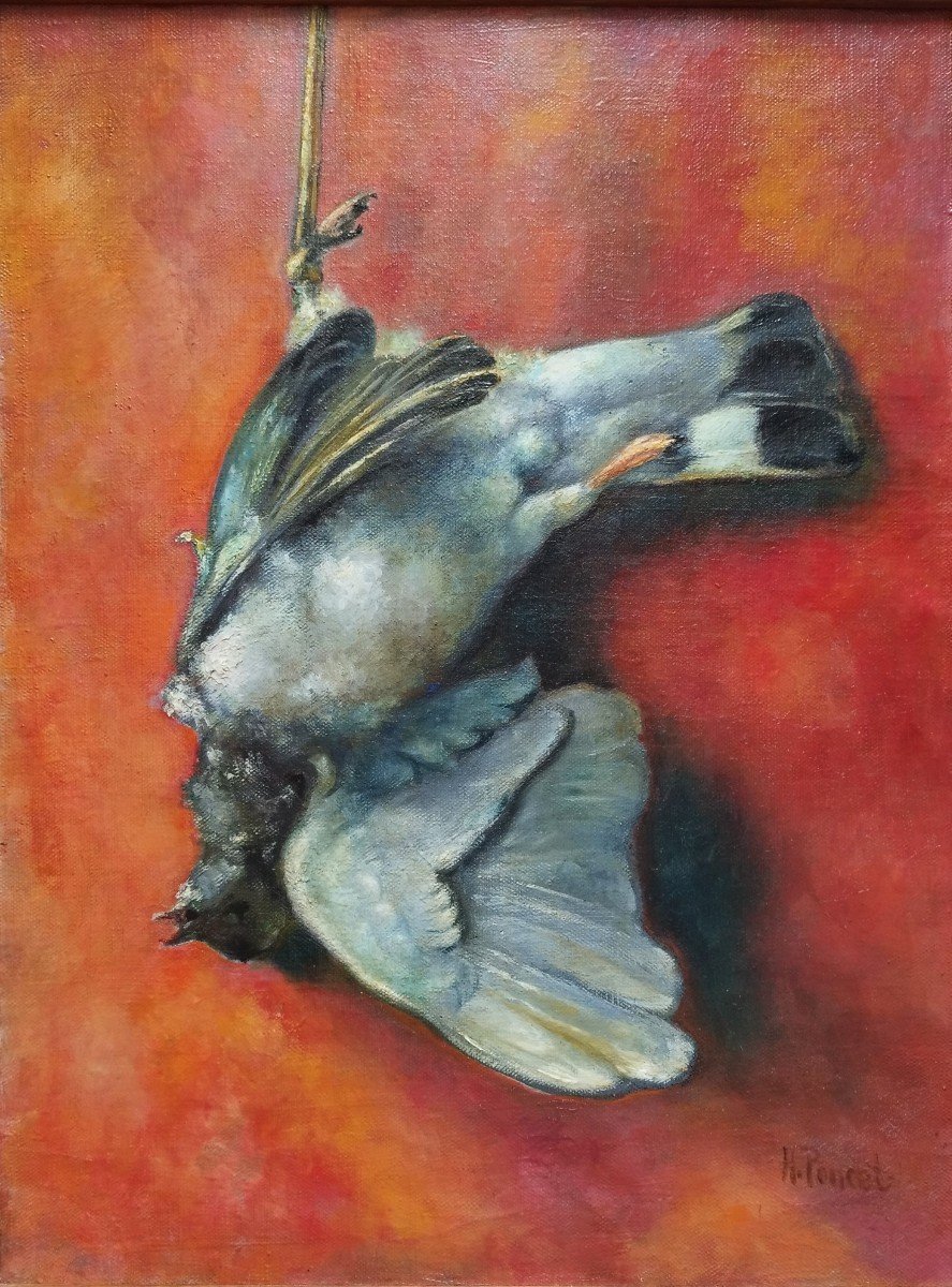 Tableau Huile Sur Toile Trophée  De Chasse Au  Pigeon Par Henri Poncet XXème-photo-4