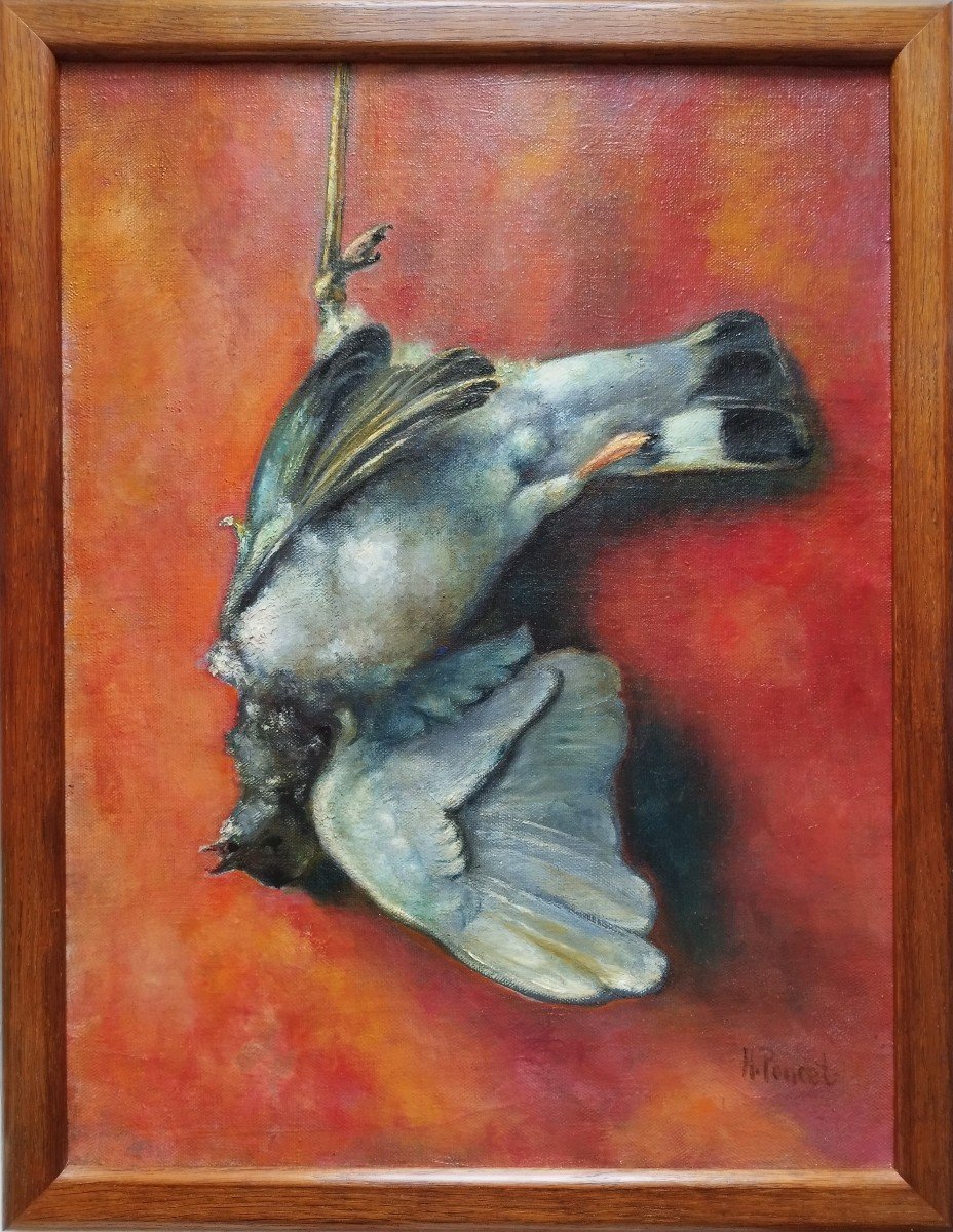 Oil Painting  Still Life Hunting Trophy Pigeon  By Henri Poncet Mid Century