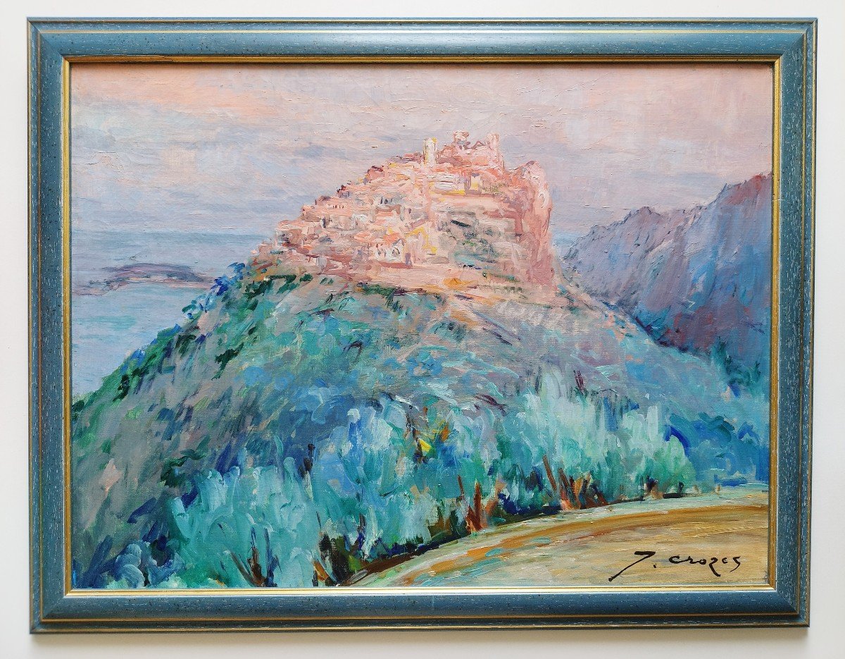 Tableau Huile Sur Toile Paysage Méditerranée Eze-sur-mer Par Jean Crozes 20ème-photo-2