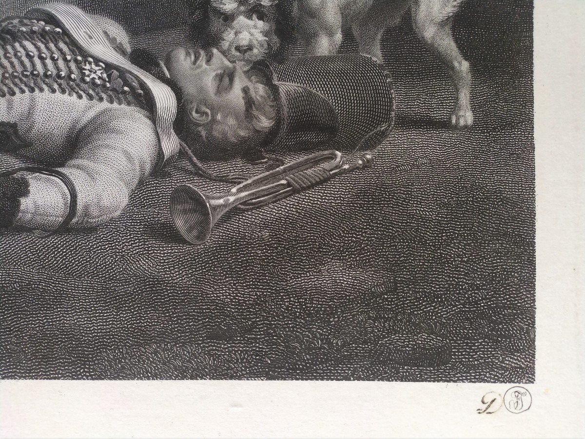 Grande Gravure  Le Trompette Blessé Cheval Cavalier -photo-3