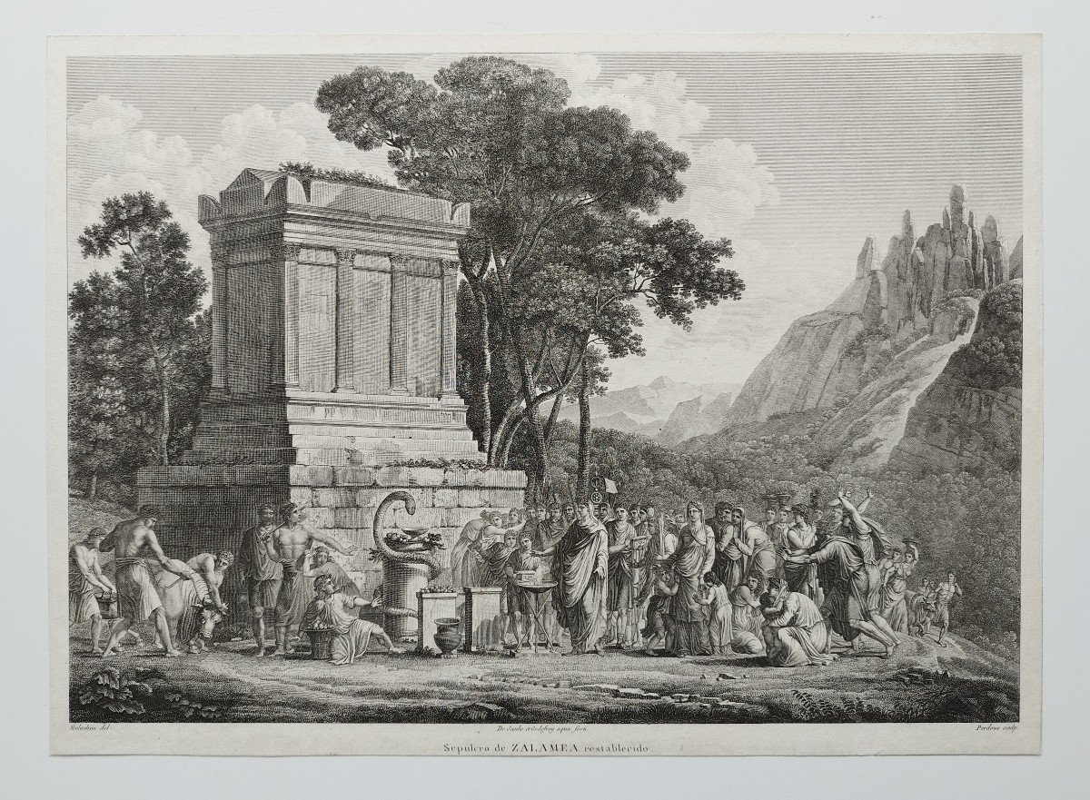 Mythological Etching Tomb Of Zalamea Restored 19th C Engraving  By Joseph Perdoux Old Print-photo-2