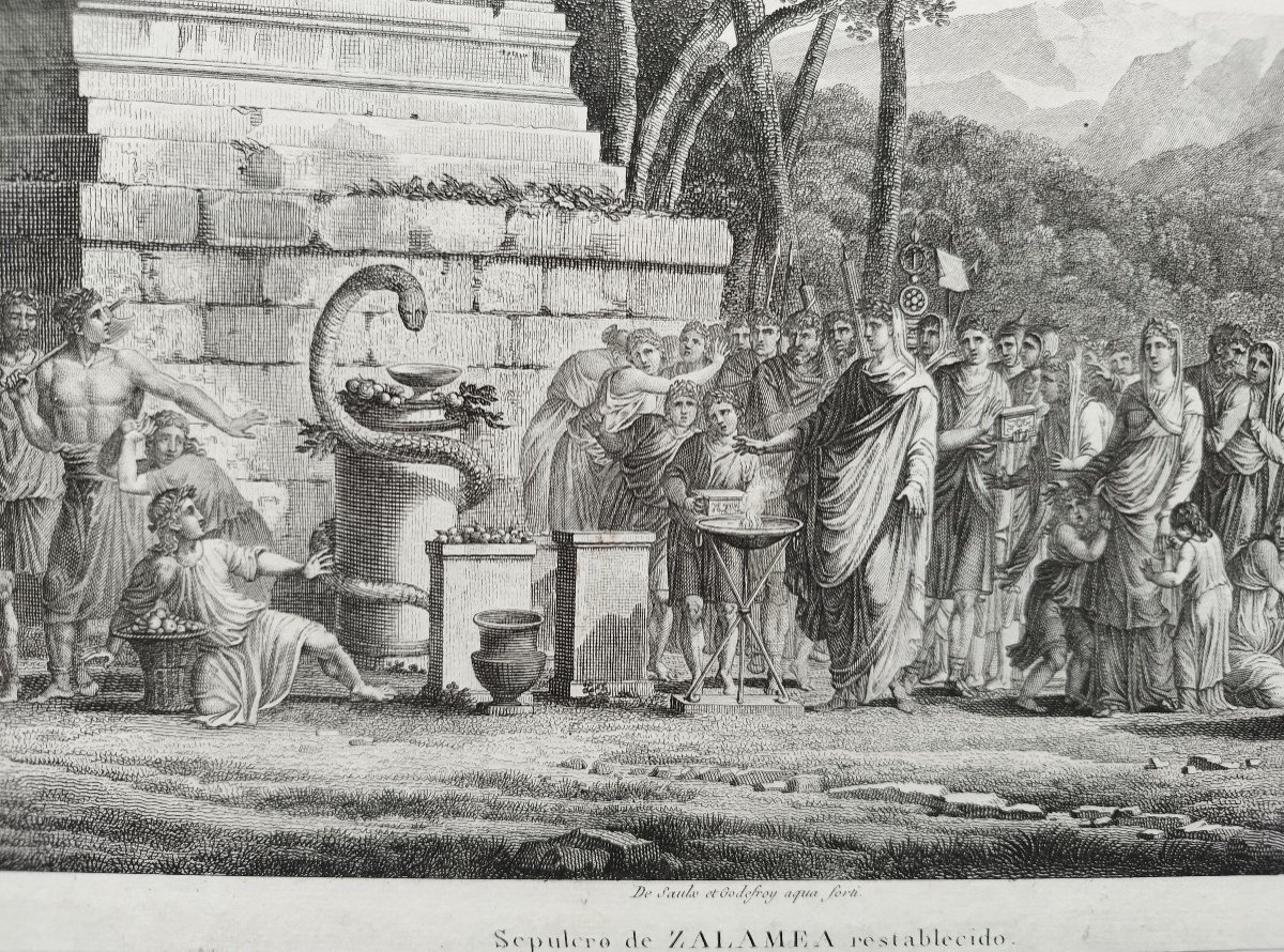 Mythological Etching Tomb Of Zalamea Restored 19th C Engraving  By Joseph Perdoux Old Print-photo-4