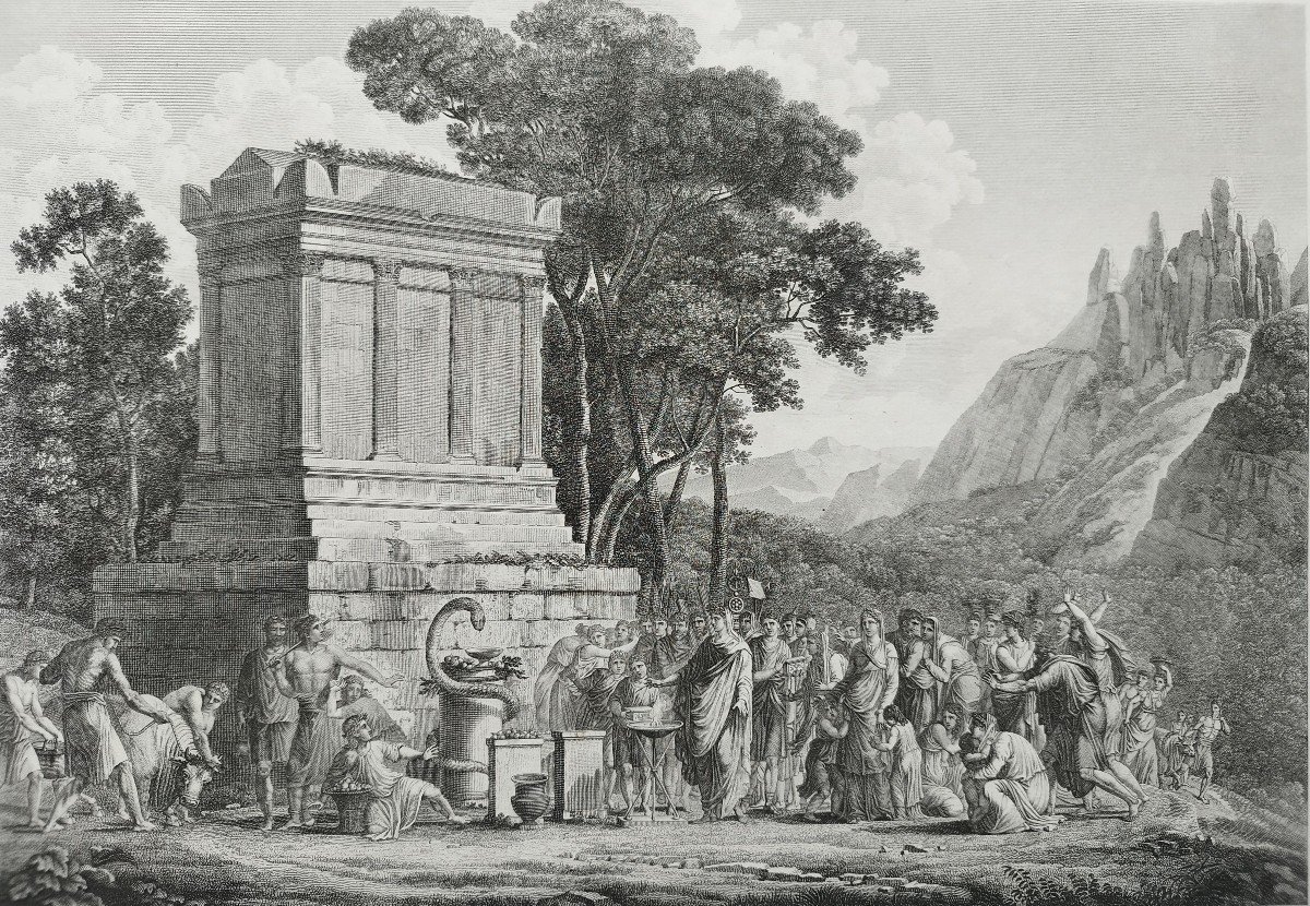 Mythological Etching Tomb Of Zalamea Restored 19th C Engraving  By Joseph Perdoux Old Print-photo-1