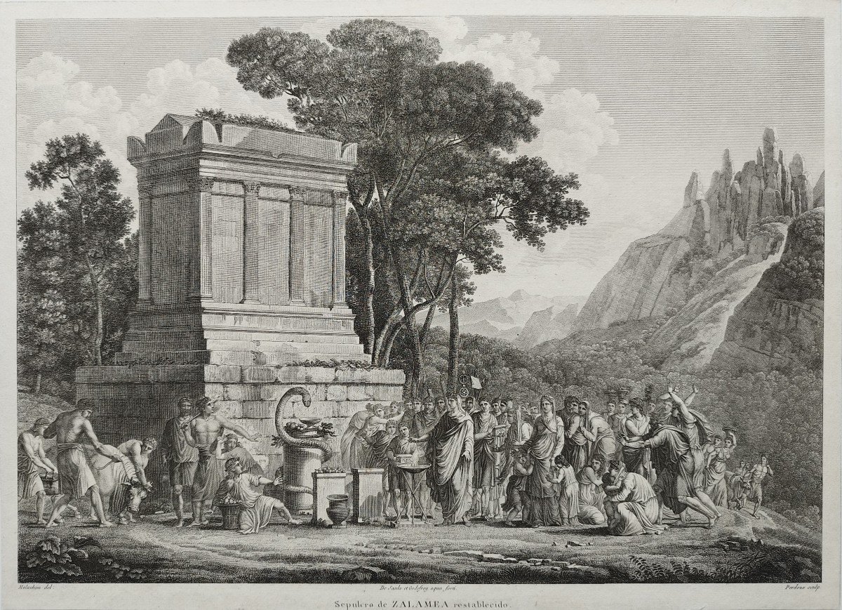 Mythological Etching Tomb Of Zalamea Restored 19th C Engraving  By Joseph Perdoux Old Print