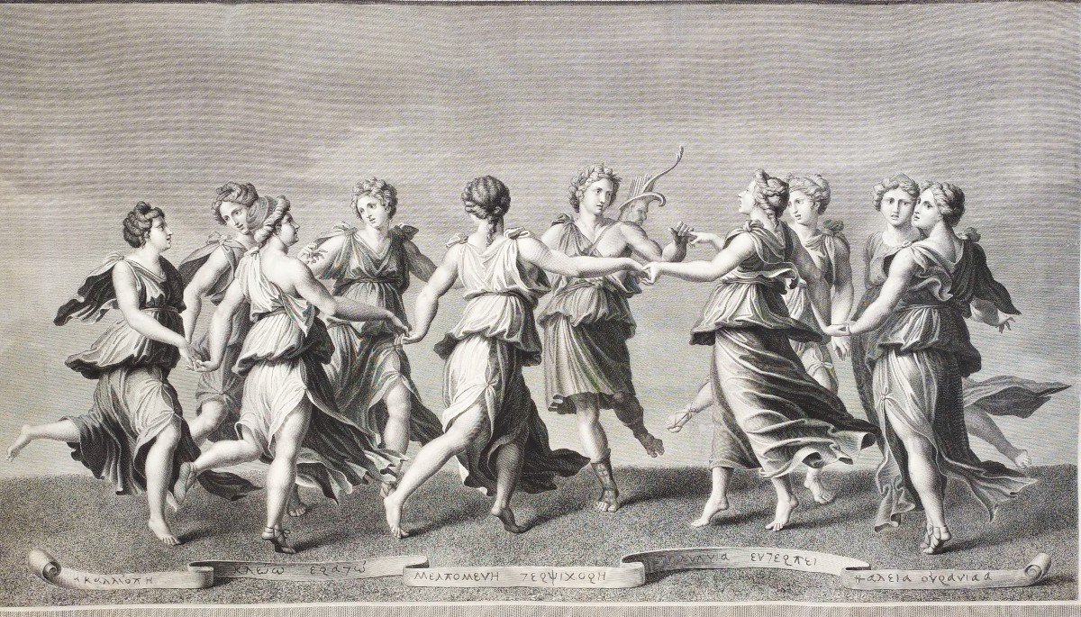 Gravure Mythologique Apollon Les Muses Par Raphael Urbain Massard 19ème-photo-4