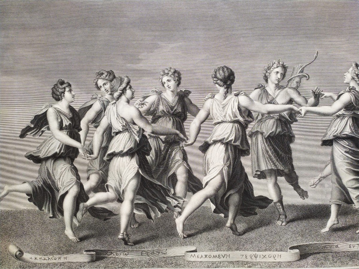 Gravure Mythologique Apollon Les Muses Par Raphael Urbain Massard 19ème-photo-1