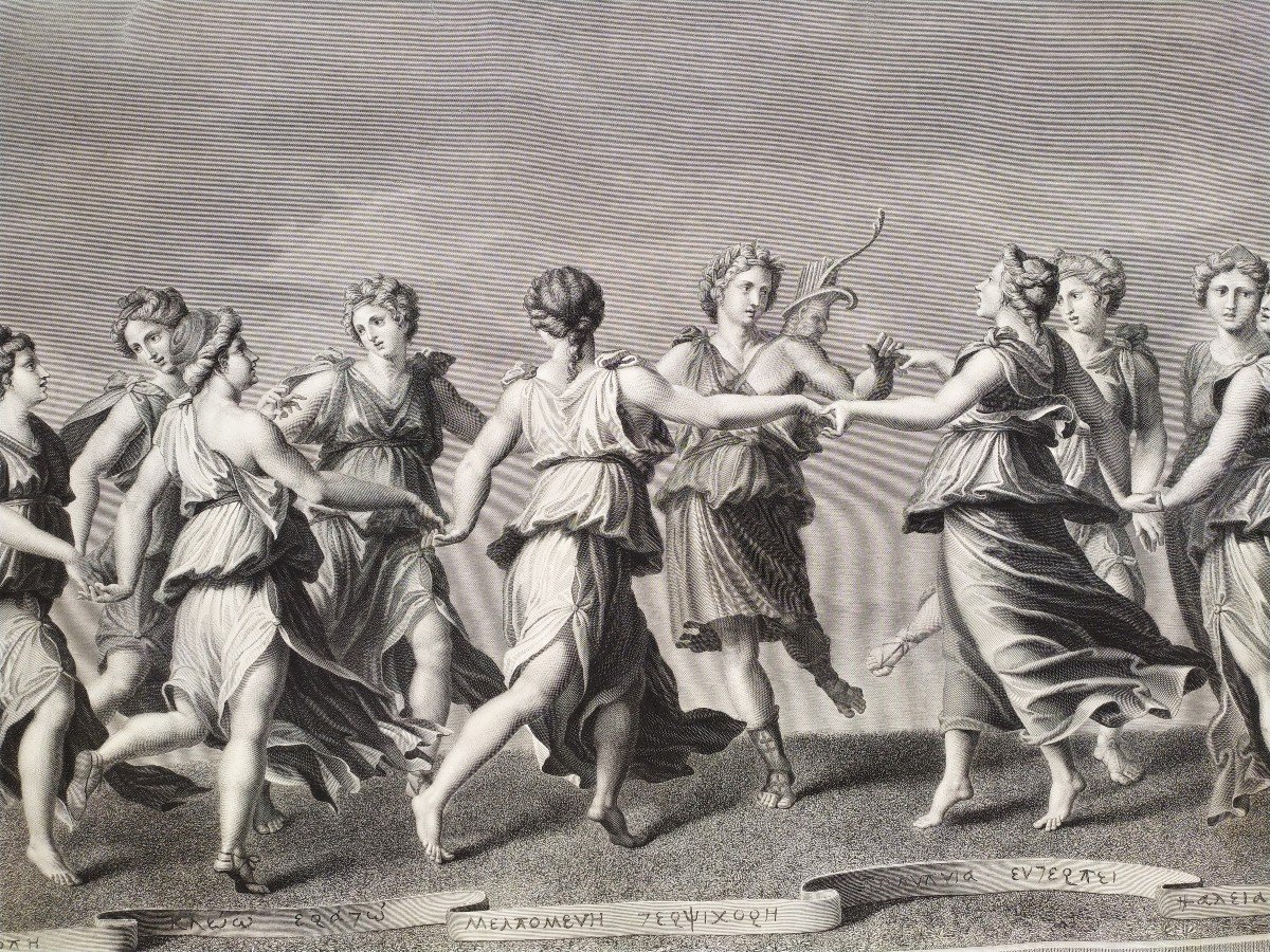 Gravure Mythologique Apollon Les Muses Par Raphael Urbain Massard 19ème-photo-2