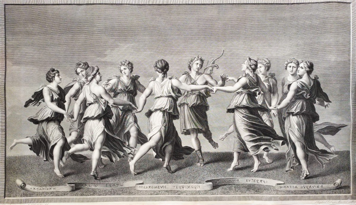 Gravure Mythologique Apollon Les Muses Par Raphael Urbain Massard 19ème
