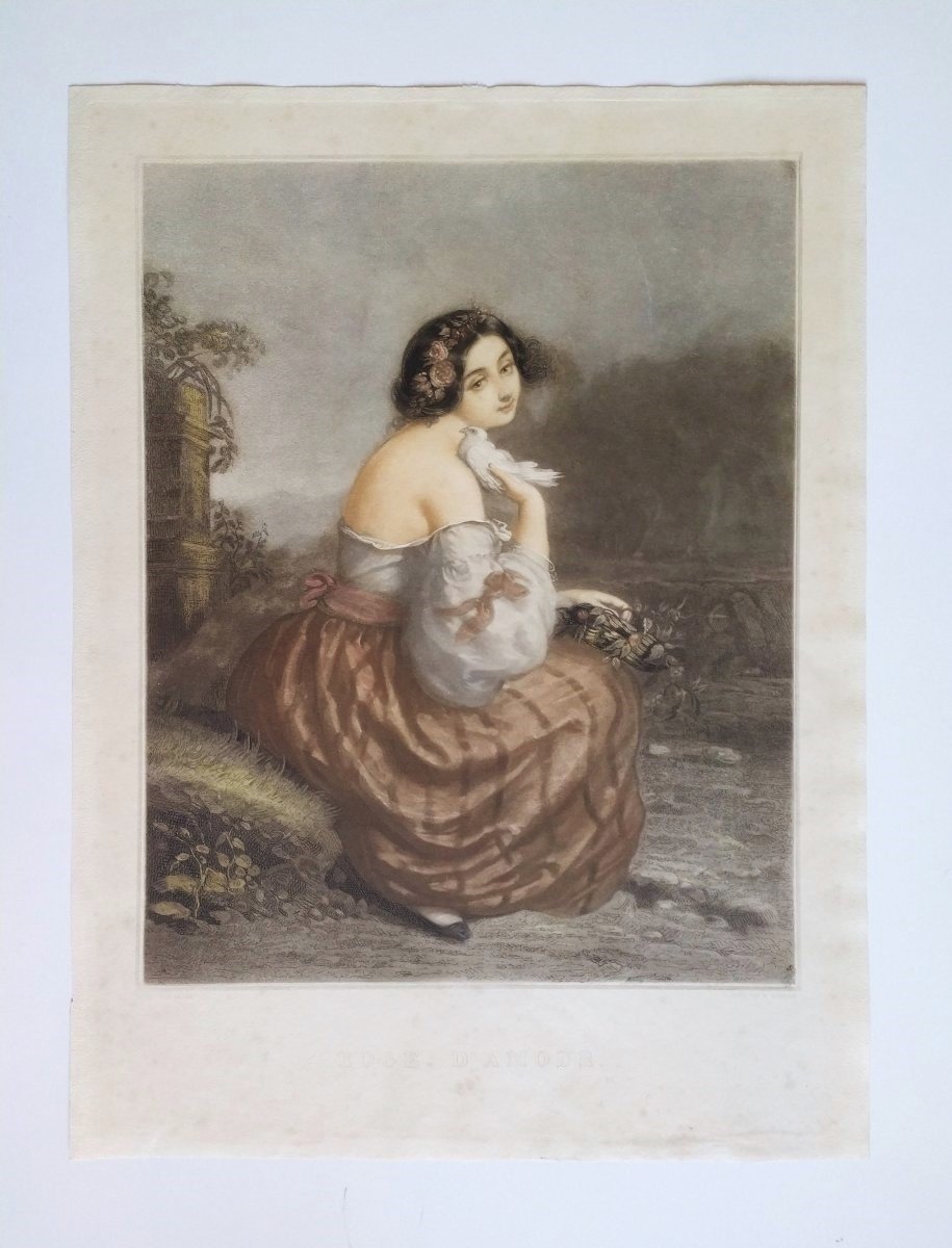 Etching Portrait Of A Romantic Lady After André Jules Watercolored Engraving 19th C Old Print-photo-2