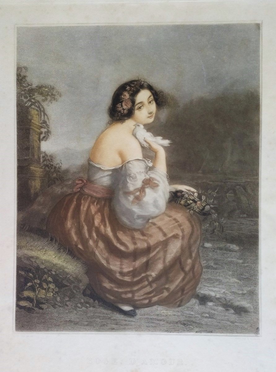 Etching Portrait Of A Romantic Lady After André Jules Watercolored Engraving 19th C Old Print-photo-3