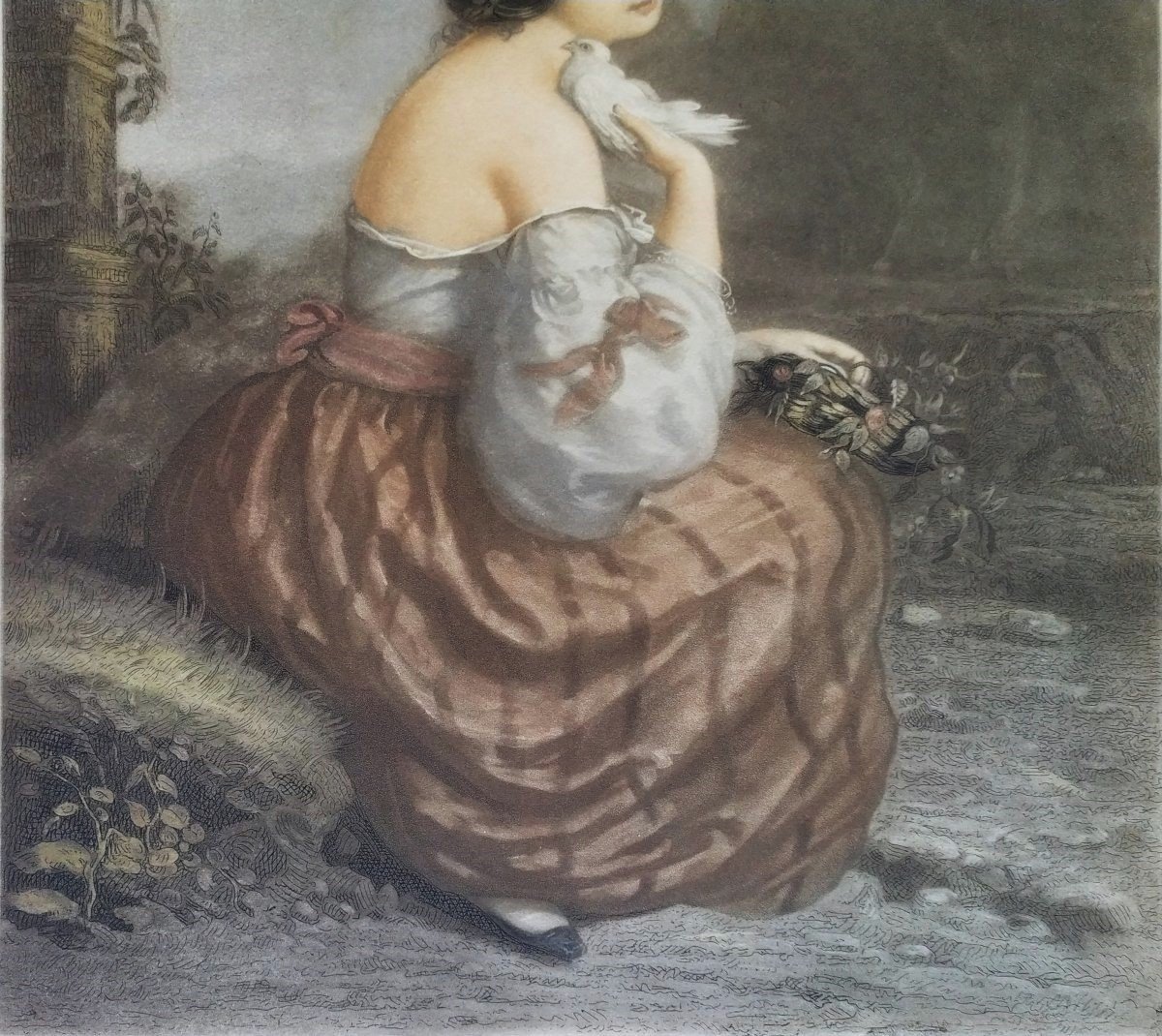 Etching Portrait Of A Romantic Lady After André Jules Watercolored Engraving 19th C Old Print-photo-1