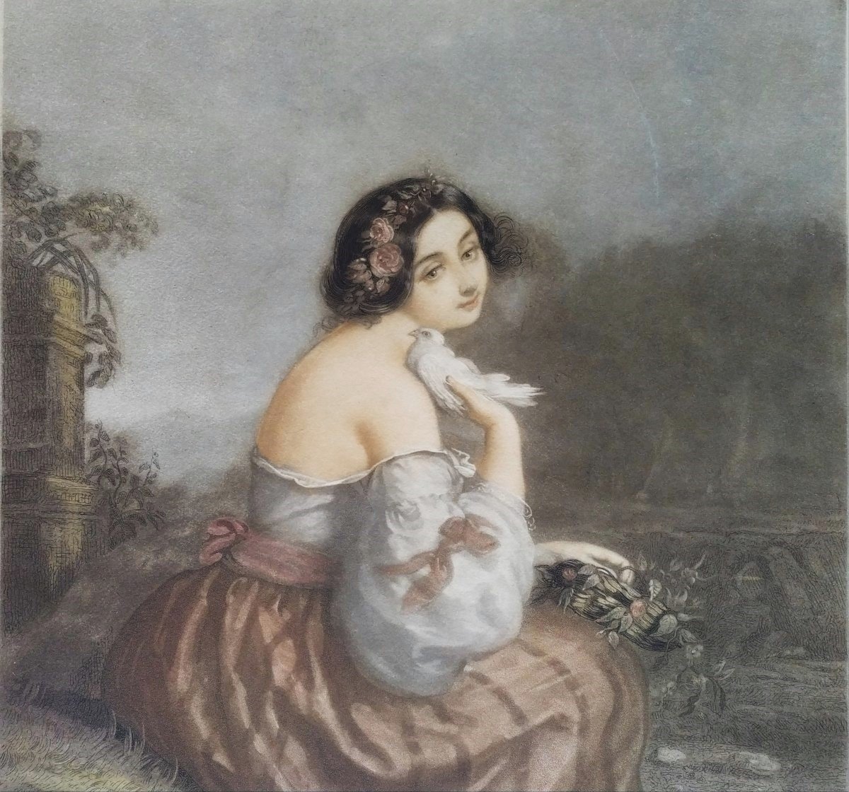 Etching Portrait Of A Romantic Lady After André Jules Watercolored Engraving 19th C Old Print-photo-2