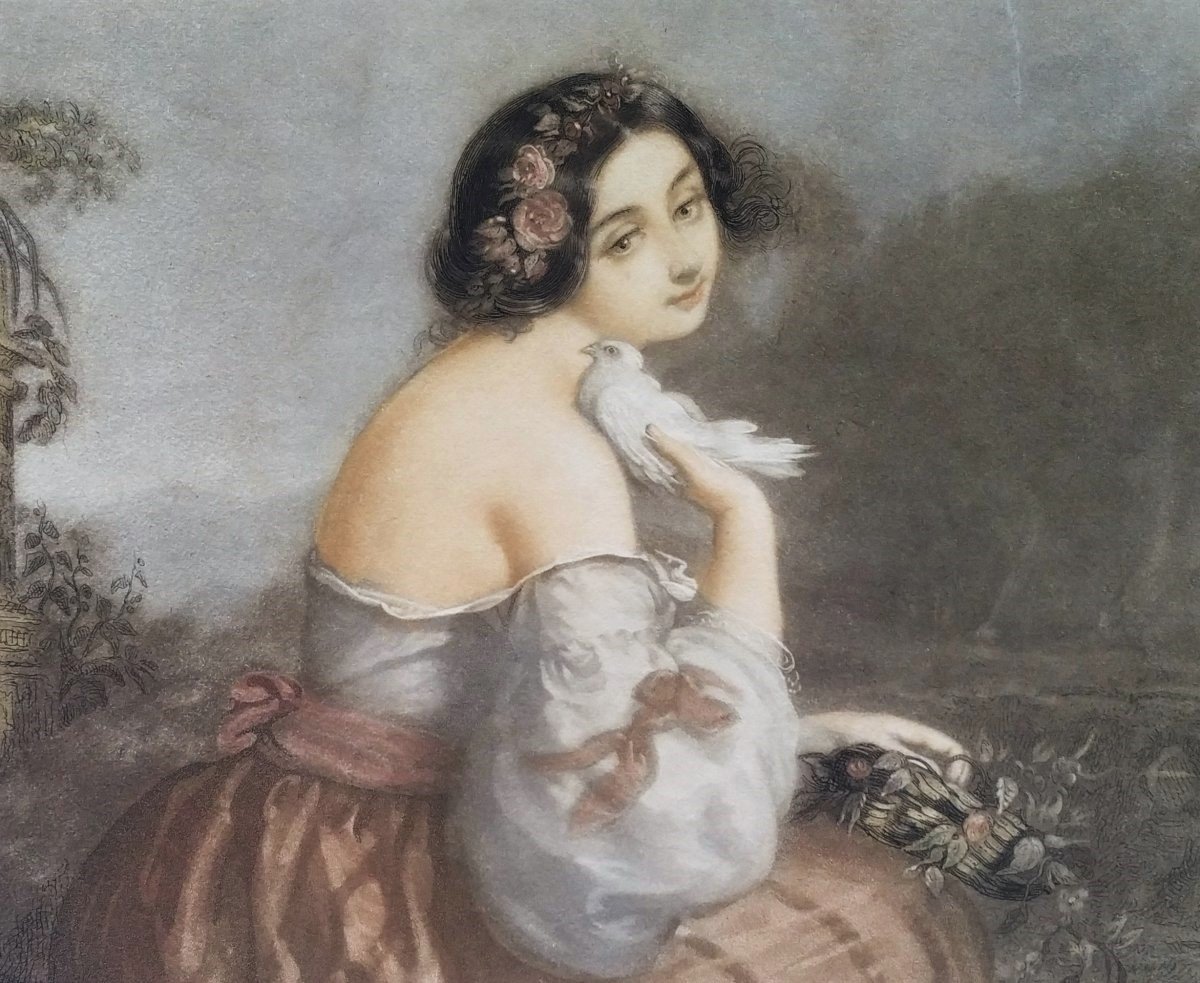 Etching Portrait Of A Romantic Lady After André Jules Watercolored Engraving 19th C Old Print-photo-3