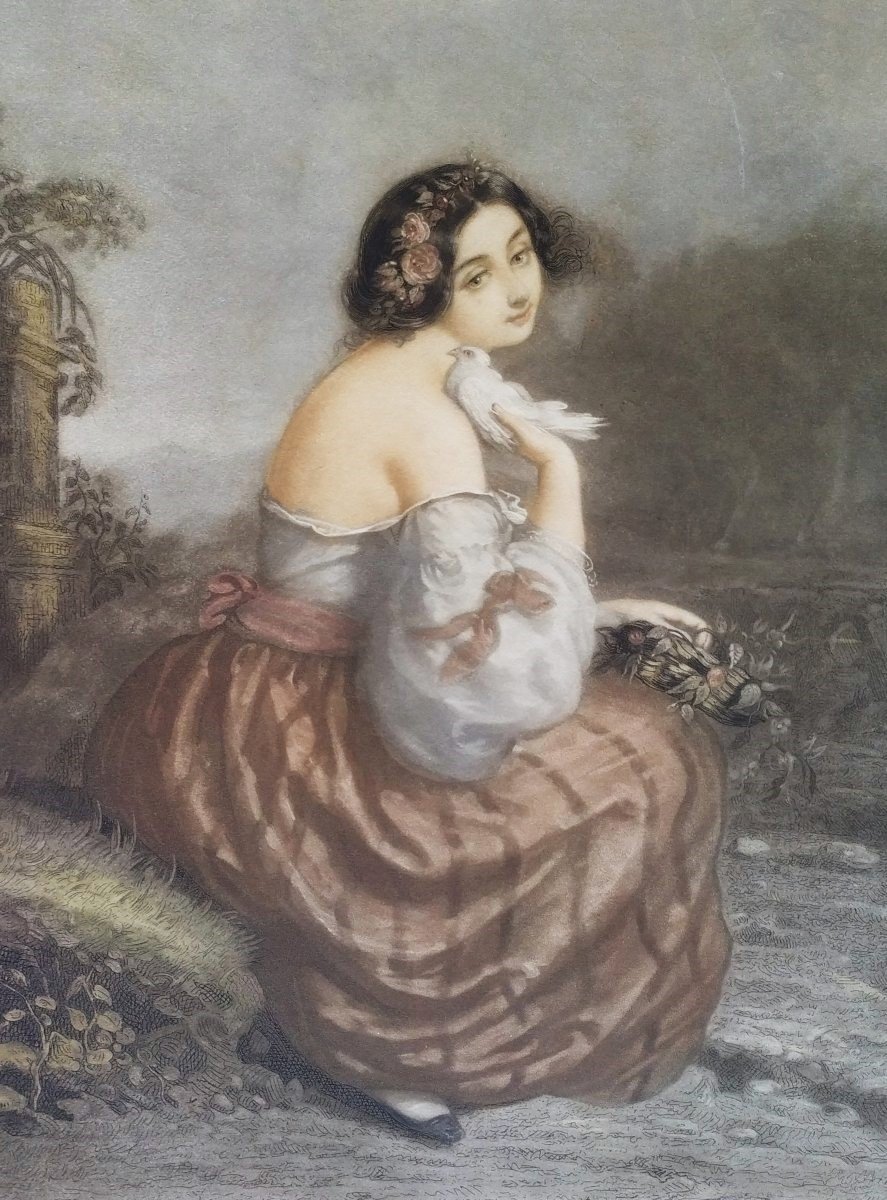 Etching Portrait Of A Romantic Lady After André Jules Watercolored Engraving 19th C Old Print