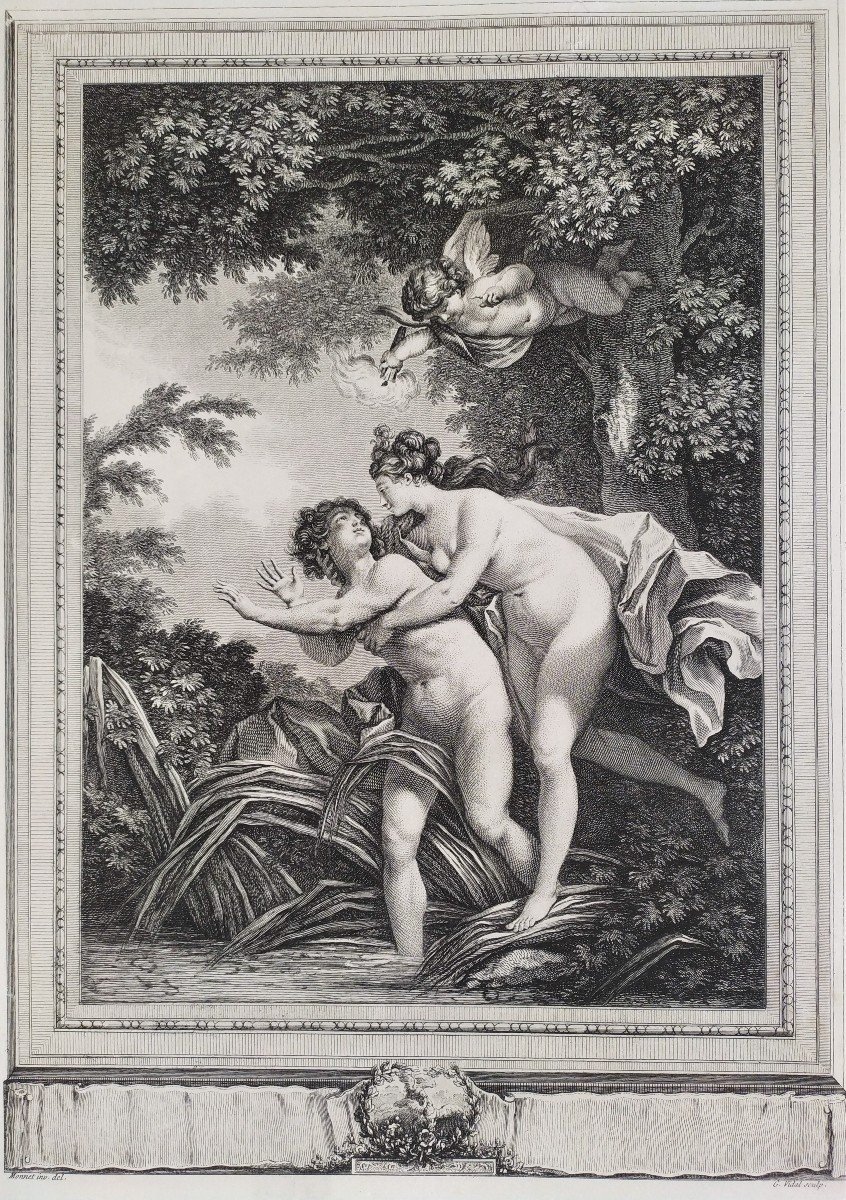 Gravure Mythologique Salmacis Et Hermaphrodite Par Vidal d'Après Monnet XVIIIème