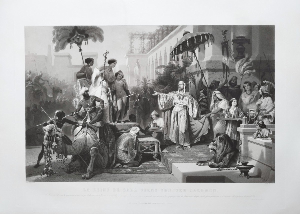 The Queen Of Sheba And Solomon Orientalist Engraving After Schopin 19th C Etching Old Print-photo-2
