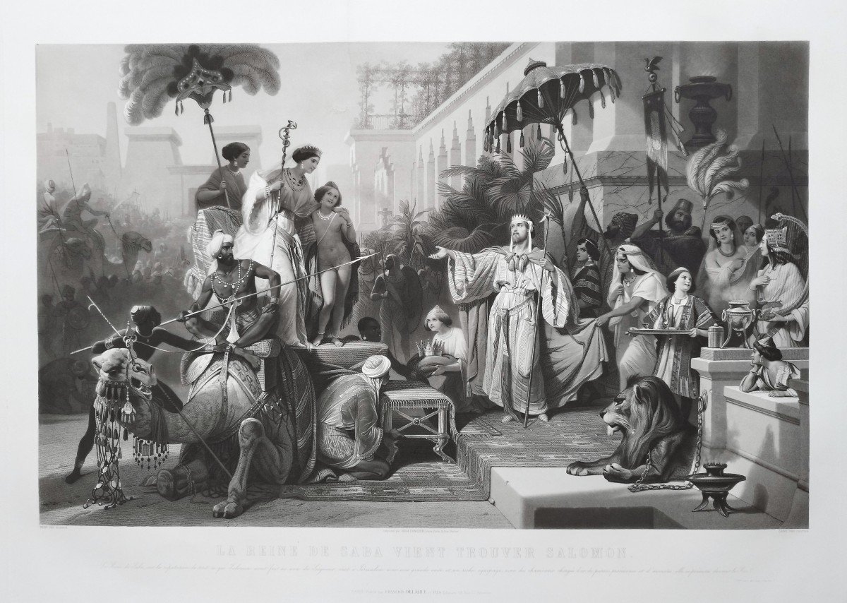 La Reine De Saba Et Salomon Gravure  orientaliste d'Après Schopin 19ème-photo-3