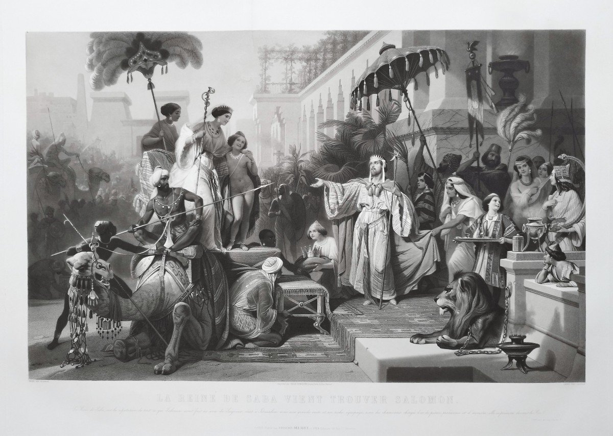 The Queen Of Sheba And Solomon Orientalist Engraving After Schopin 19th C Etching Old Print-photo-3