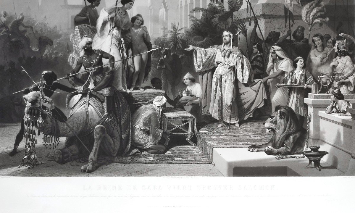 The Queen Of Sheba And Solomon Orientalist Engraving After Schopin 19th C Etching Old Print-photo-4