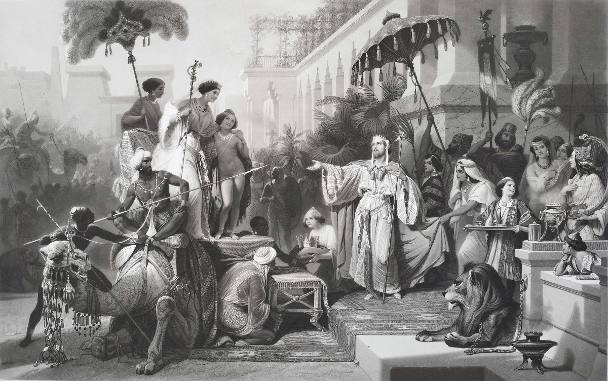 La Reine De Saba Et Salomon Gravure  orientaliste d'Après Schopin 19ème-photo-1