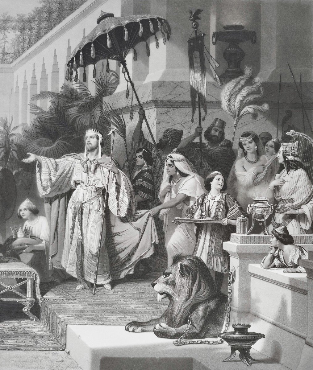 The Queen Of Sheba And Solomon Orientalist Engraving After Schopin 19th C Etching Old Print-photo-3