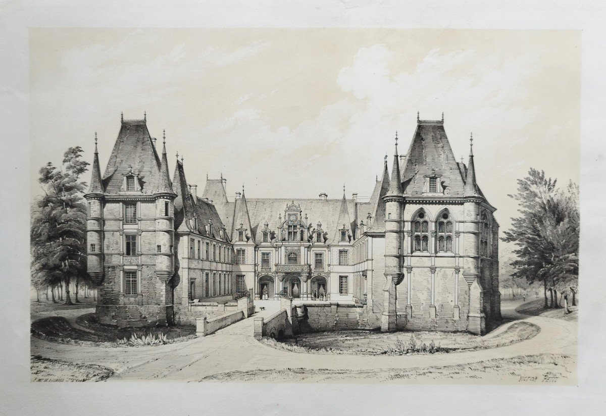French Castle Marchais 19th Century Lithograph By Victor Petit Old Print-photo-3