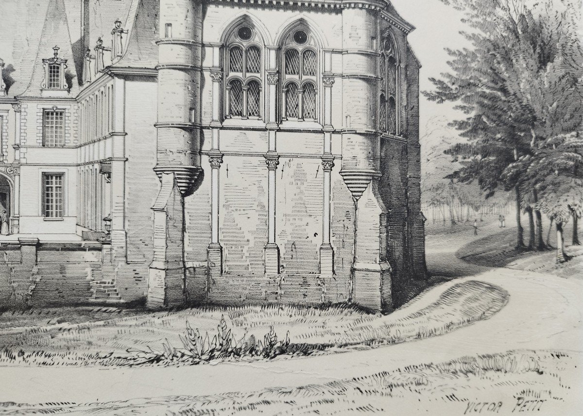 French Castle Marchais 19th Century Lithograph By Victor Petit Old Print-photo-1